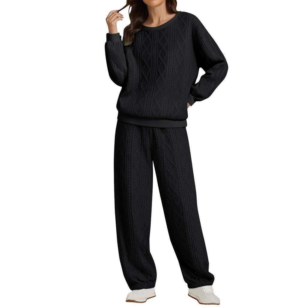 Women's Fashion Color Round Neck Long Sleeve Top Elastic Waist Casual Pants Loose Sports Two Piece Set