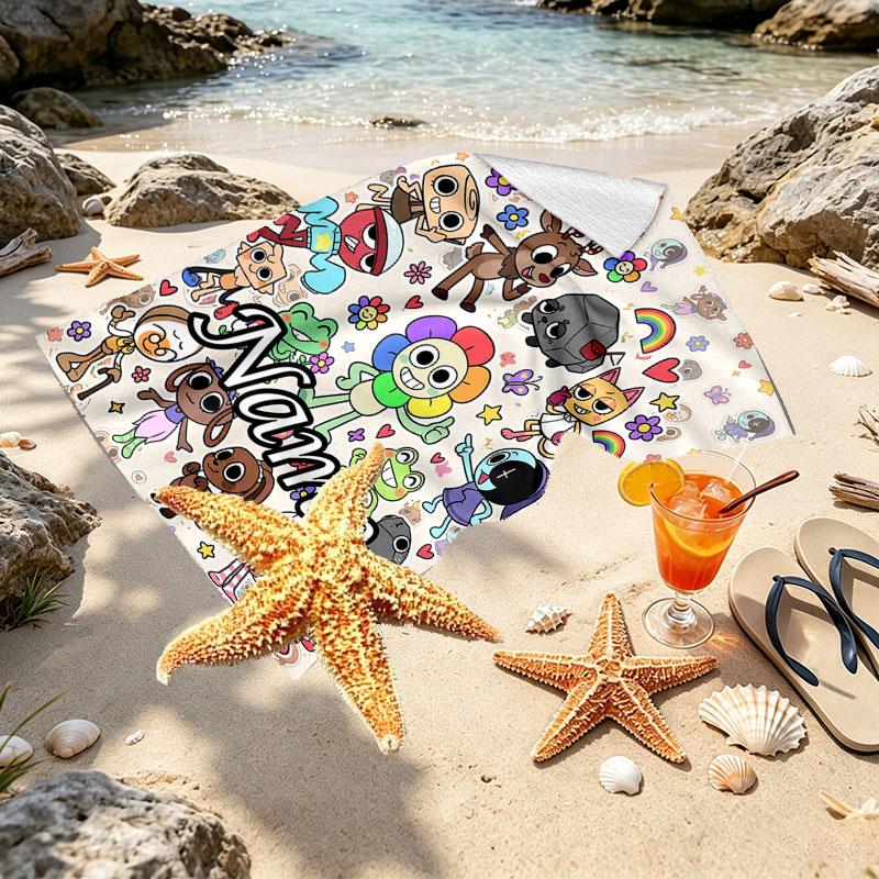 Custom Name Personalized Dandy's World Print Beach Towel, for Trip Camping Beach Party Home Decor, Birthday Gift for Family & Friends