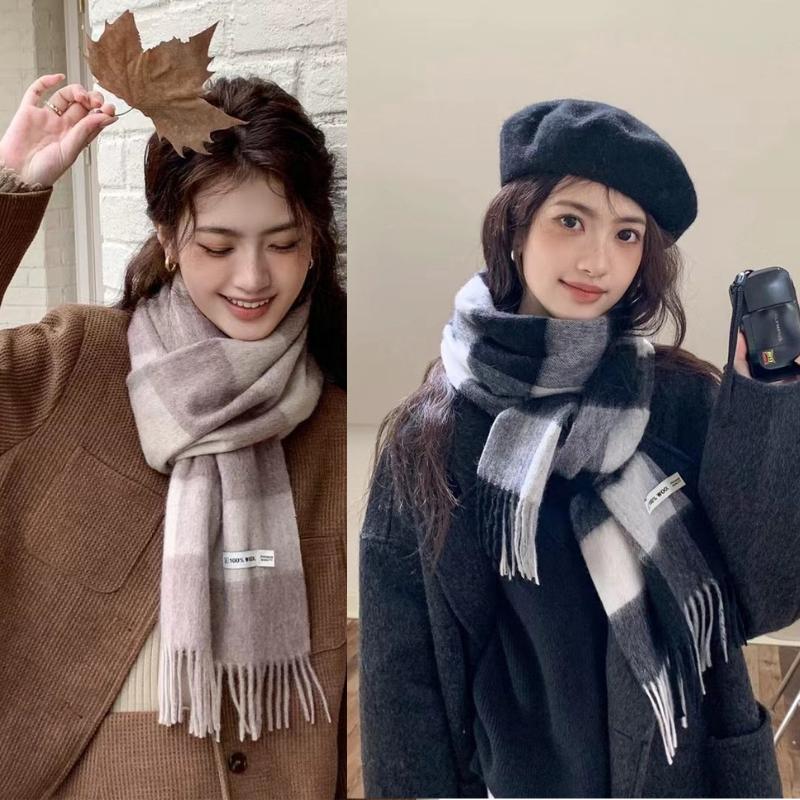 Checkerboard Grain Scarf Female Winter Warm Pure Wool Cashmere Shawl Couple Accessory Premium Sense Windproof Scarf For Women