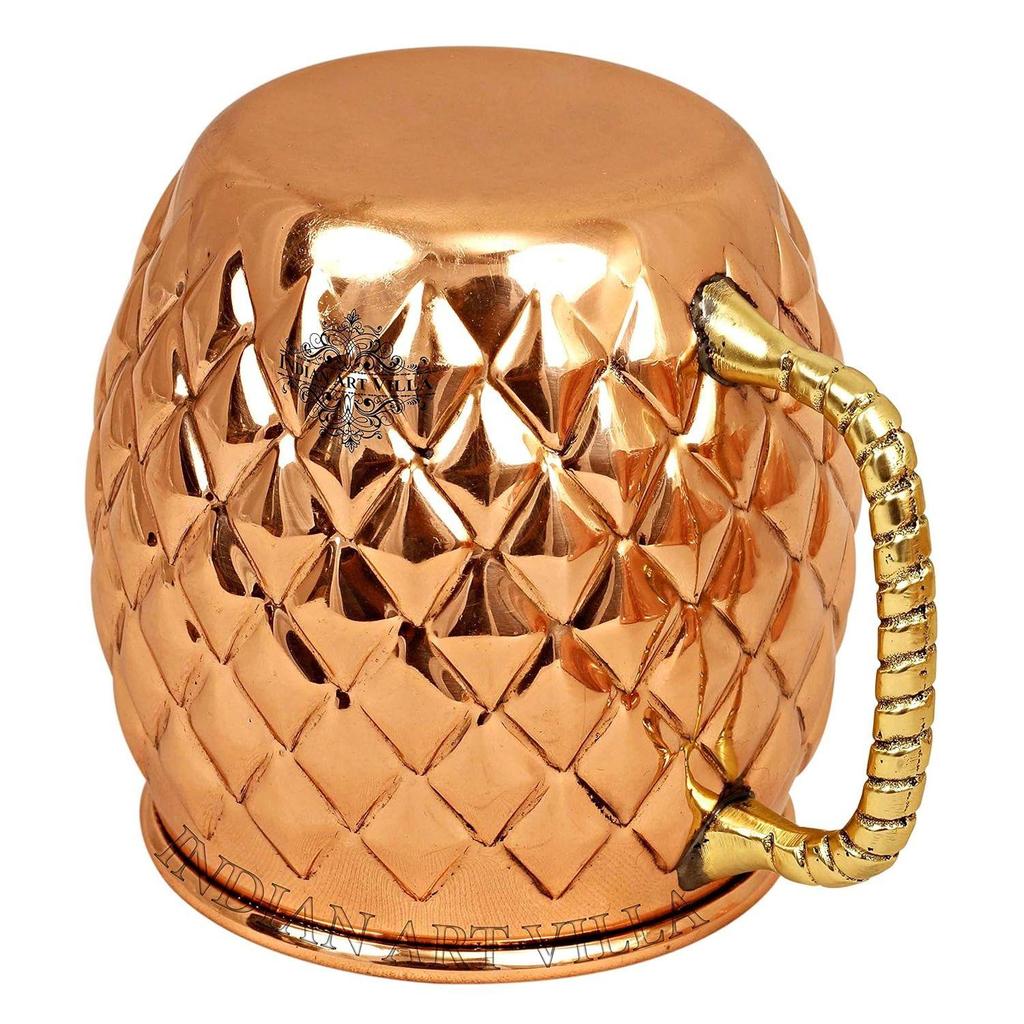 Pure Copper Round Shaped Diamond Hammered Design Moscow Mule Beer Mug Cup, Best for Beer Cocktail Parties, Barware, Volume-600ML, Set of 6