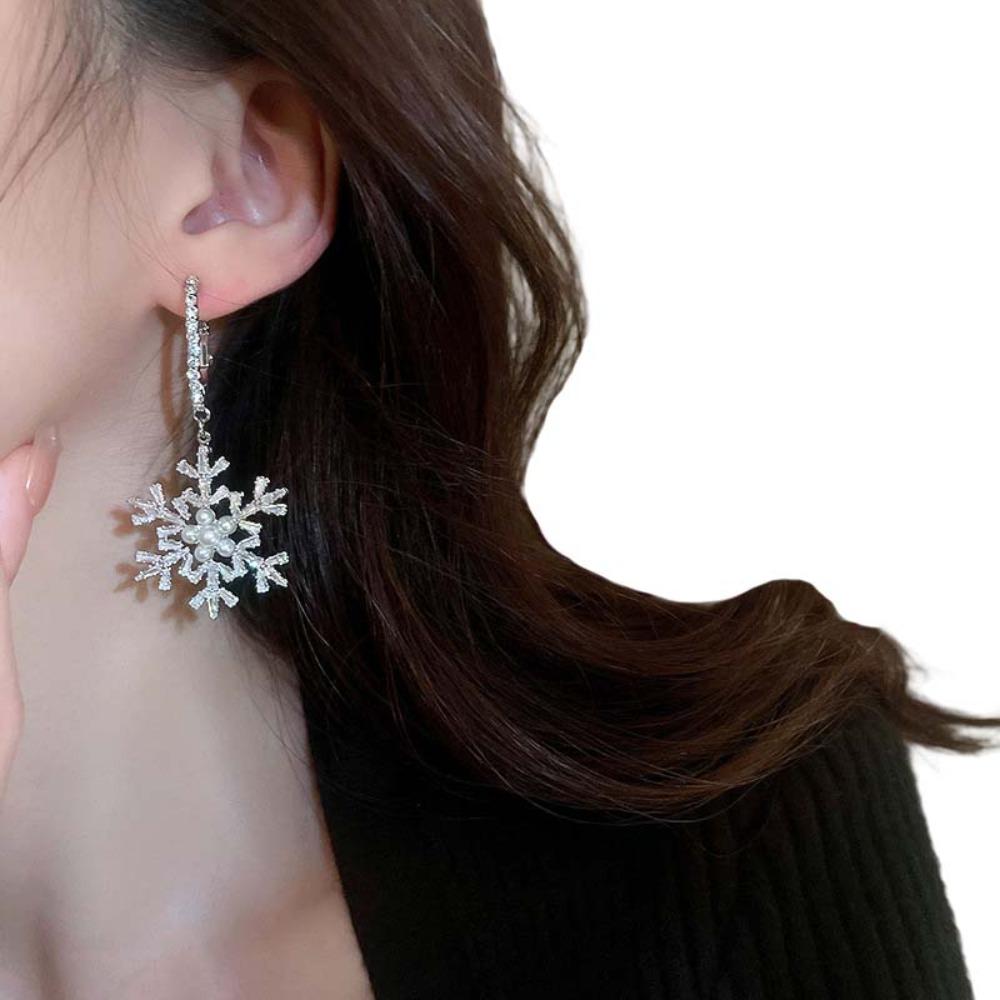 Imitating Pearls Crystal Snowflakes Earrings Silver Zircon Dangle Earrings  New Year