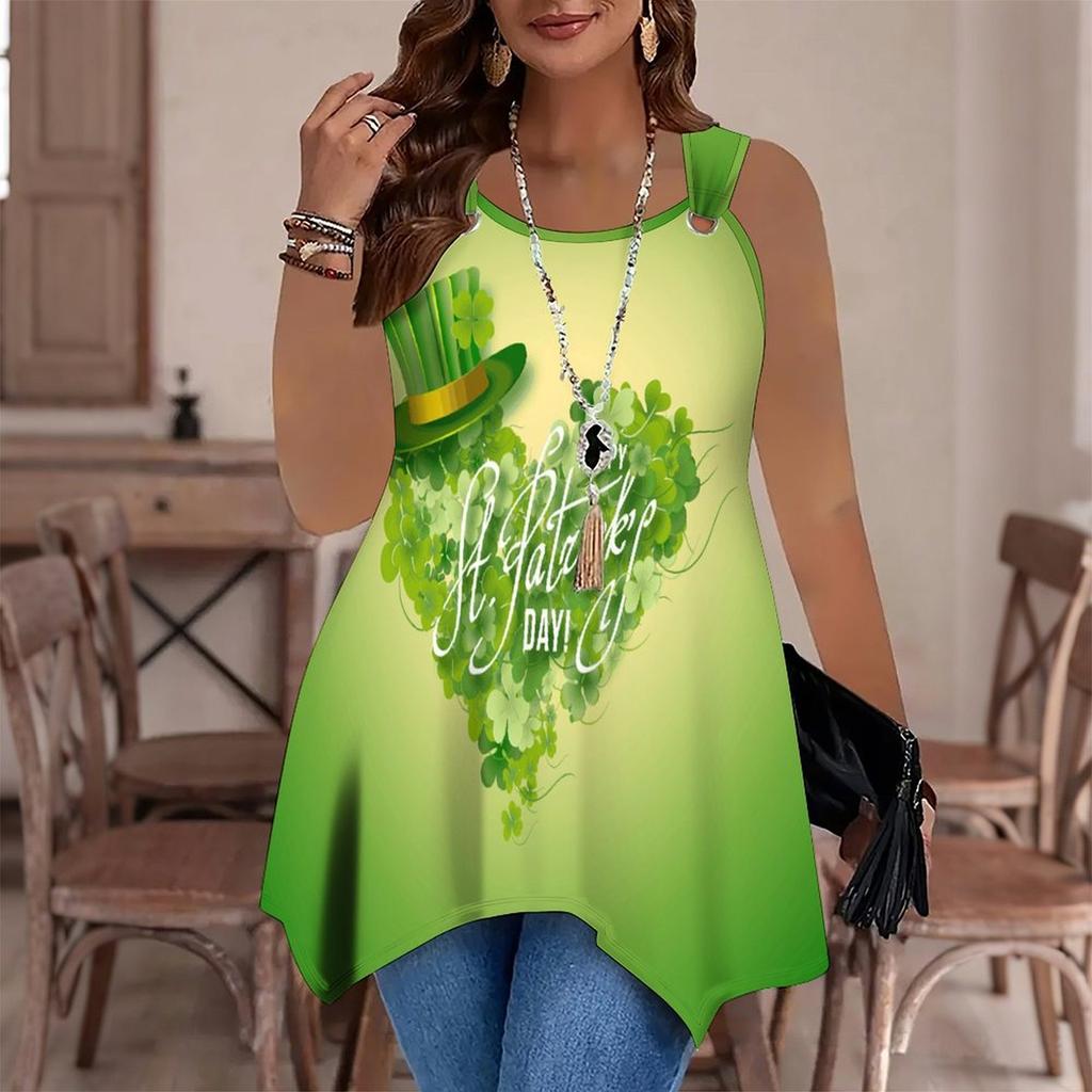 Modische Damen-Freizeit-Sport-Weste mit Doppelring, Große Trägertop-Weste mit Kleeblatt-Druckmustern, Unregelmäßiger Saum, Elegant und Schlicht