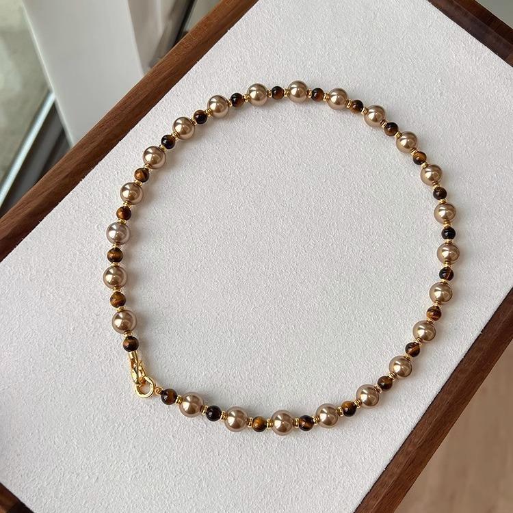Metal Buckle Autumn And Winter Merad Tiger S Eye Stone Mocha Gold Brown Shijia Pearl Mixed Color Necklace Light Luxury Niche Sweater Chain