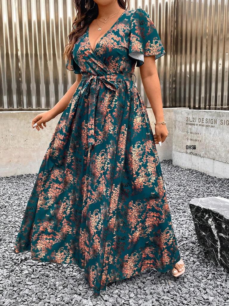 Chic Plus Size Women's V-Neck Print Wrap Slit Dress with Belt