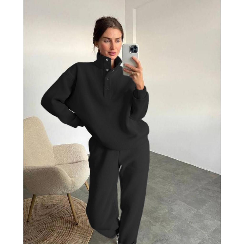 Spring and Autumn Women's Fashion Button Up Collar Hoodie Loose Pants, Hoodie Set