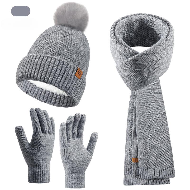 Knitted Hat, Scarf and Gloves Three-piece Set for Women, Autumn and Winter Outdoor Warm Double-layer Wool Knitted Hat