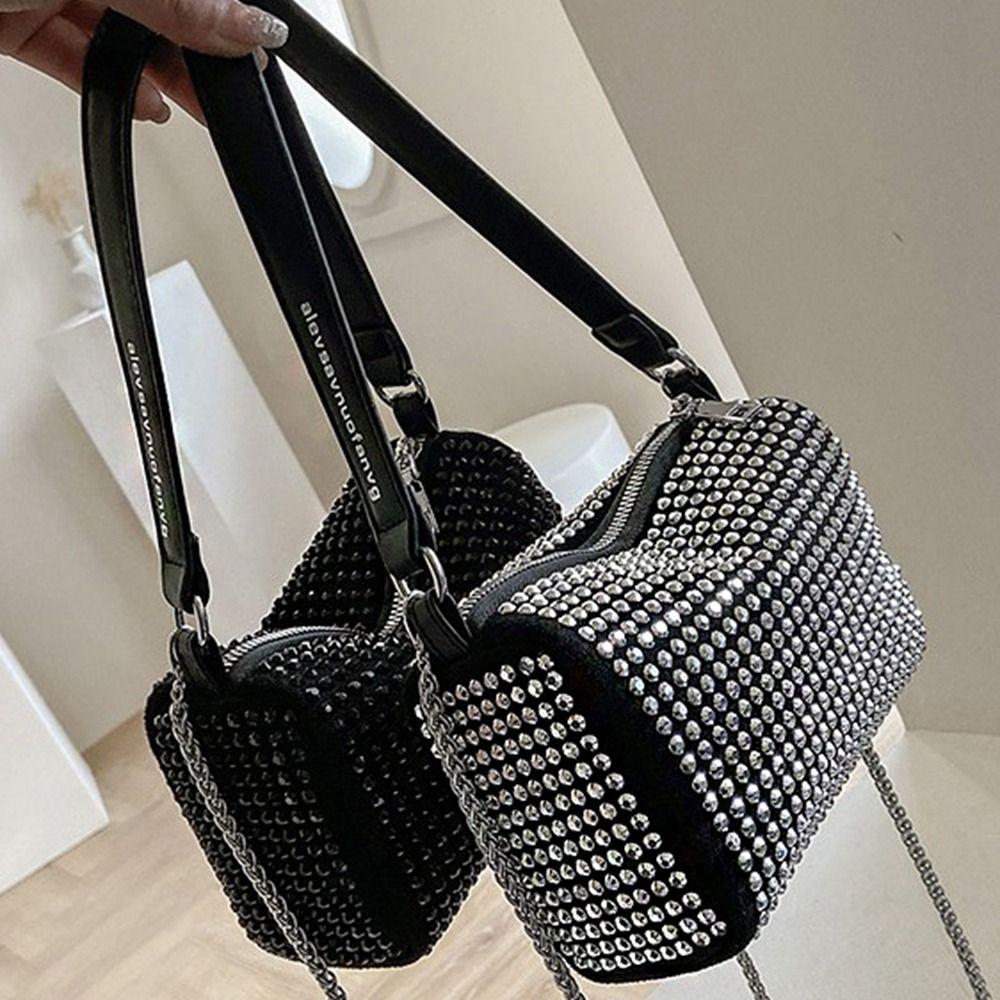 Large Capacity Small Square Bag Zipper Chain Shoulder Bag Personality Rhinestone Handbag  Party
