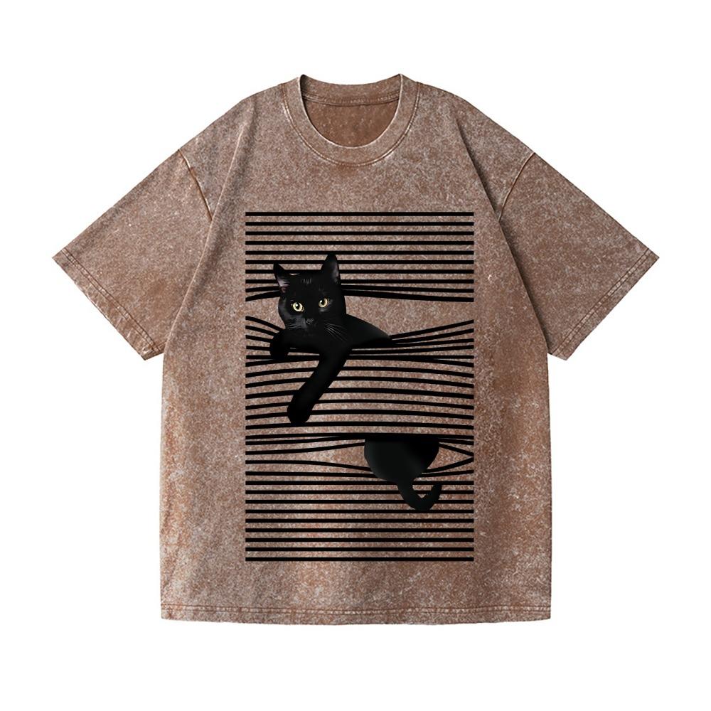 Fashion Black Cat Line Art Vintage Wash T-Shirt Japanese Style Holiday Unisex Funny Dropped Shoulder Sports Tees Casual