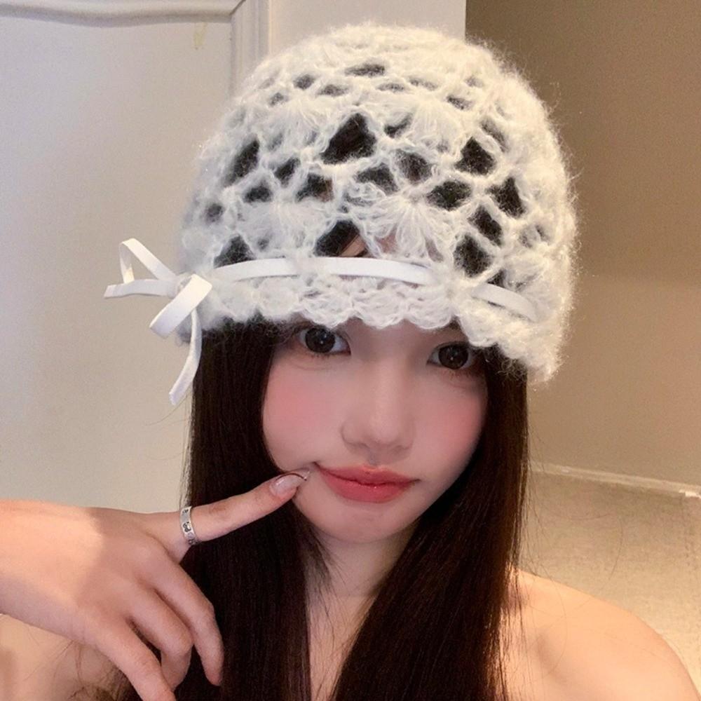 Bohemian Style Crochet Hollow Knitted Hat Bow Ethnic Style Hat Weave Cap  Apparel Accessories