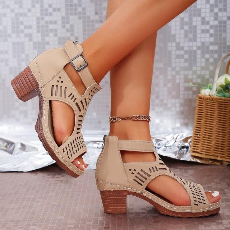 New large size fish mouth high heel sandals summer new buckle hollow bag heel women's shoes