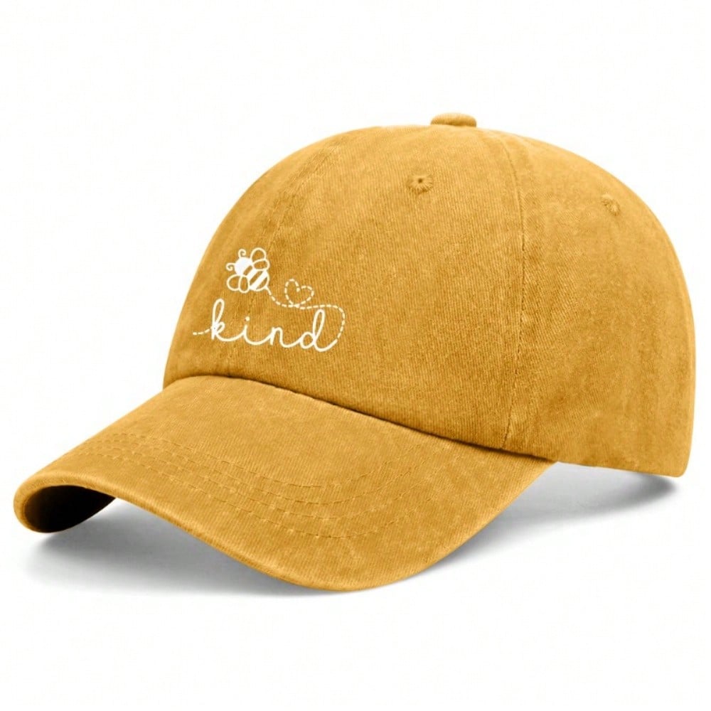 [Cute Bee Baseball Cap] Inspirational "Kind" Letter Print Polyester Adjustable Breathable Casual Outdoor Sports Dad Hat For Women Men