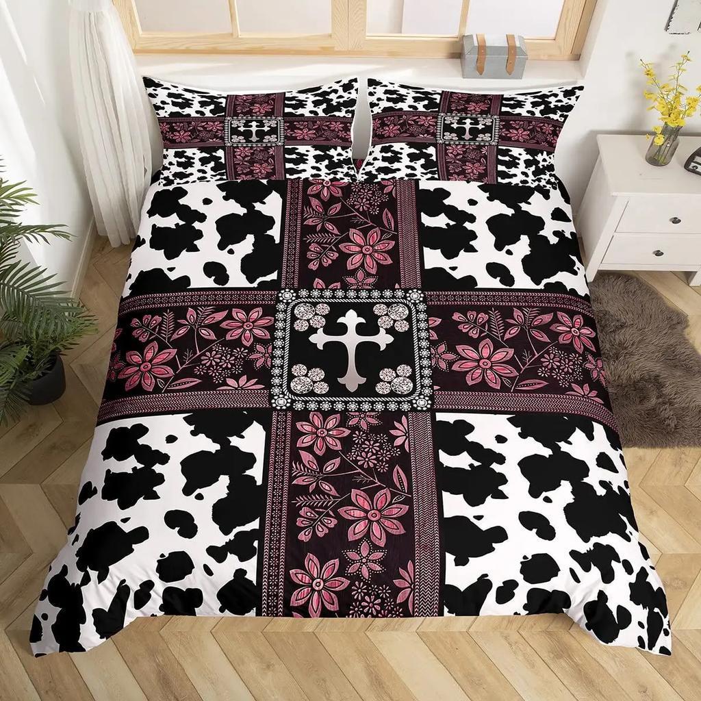 Cow Print Duvet Cover Queen Vintage Floral Bedding Set For Girls Boys Men Western Farmhouse Animal Bull Cattle Skin Quilt Cover