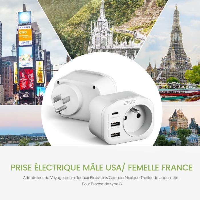 Adaptateur Prise USA Américaine LENCENT 2 Colis-2USB,1Type-C,1AC,3750W Avec Fil De Terre Pour US Canada Mexique,pays De Prise TypeB