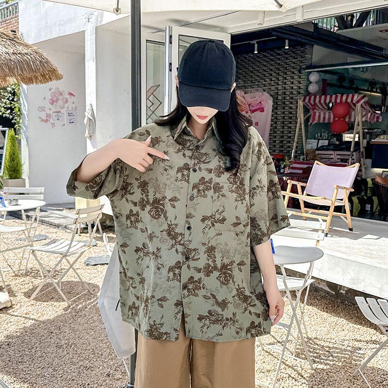 Summer New Green Women's Short Sleeved Chic Printed Loose Single Breasted Jacket Retro Versatile Ladies Shirt