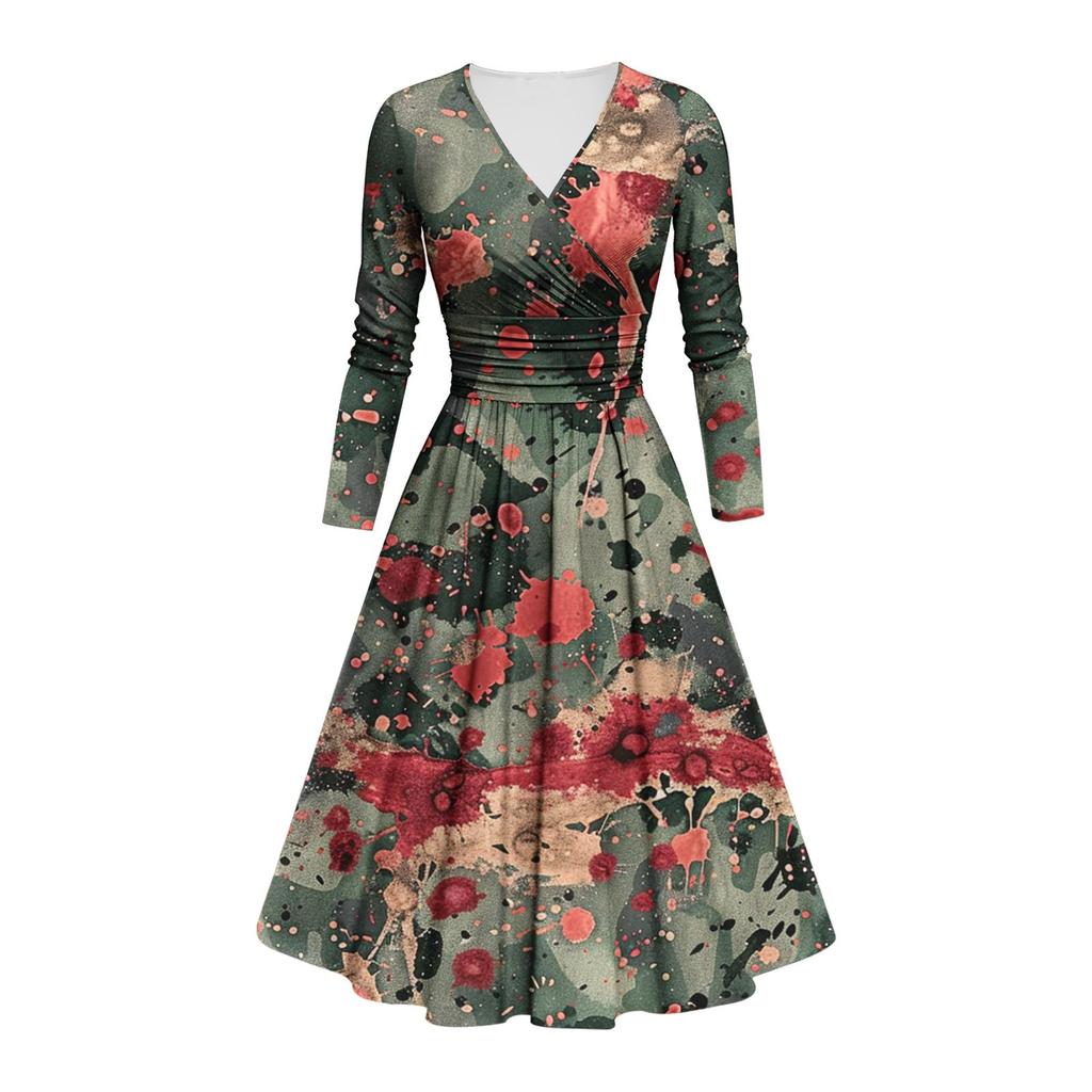 Kvinners mote V-hals Ruffle Langermet Halloween Print Slim Fit Gown Casual Dress