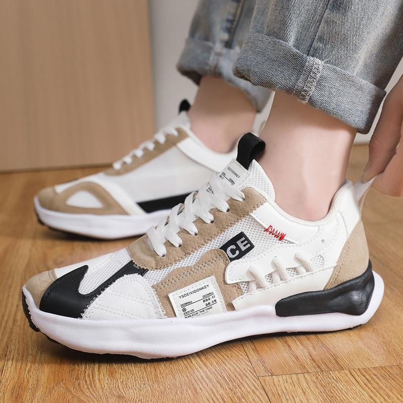 Sports shoes summer mesh leather splicing thick-soled high men's shoes lace-up low-top running shoes