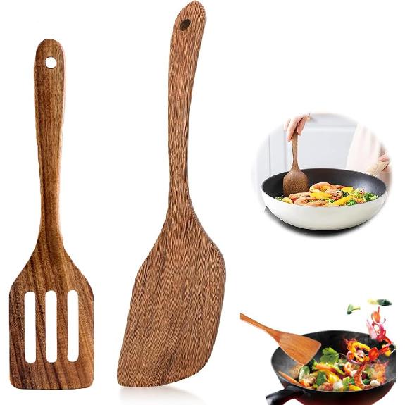 Wood Spatula Slotted Turner Kitchen Utensil for Cooking Long Handle Flat Turner for Pancakes Eggs Frying Baking Pan Wok Cookware 4