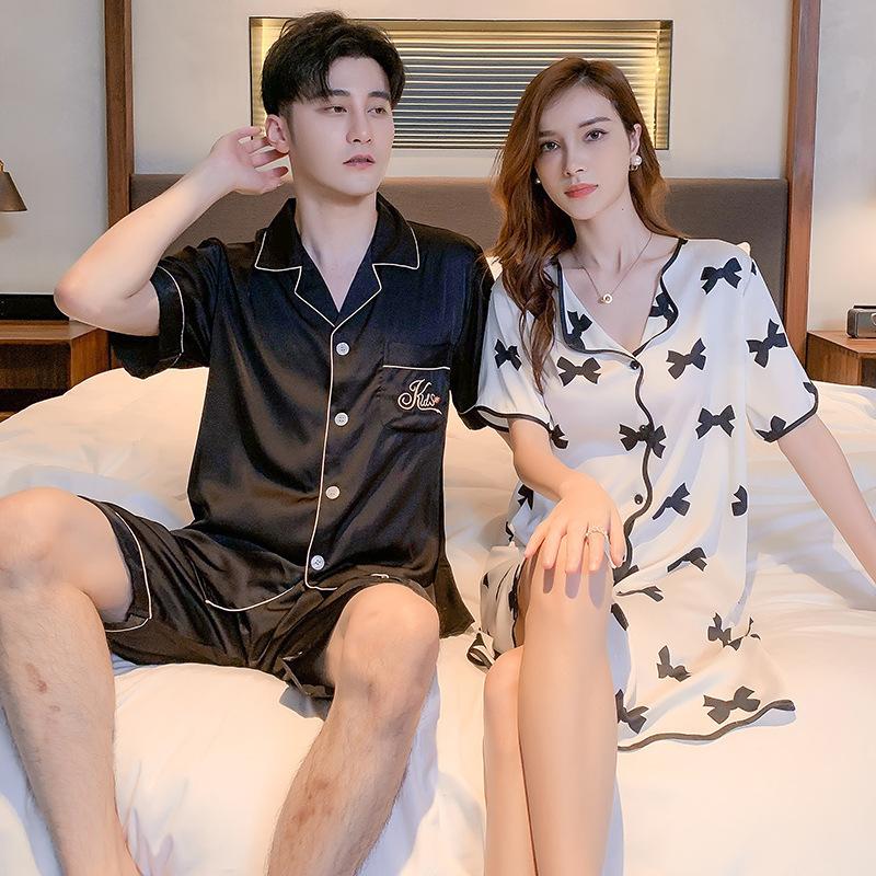 Couple pajamas women's spring and summer ice silk short-sleeved nightgown thin men's cardigan can be worn outside loungewear suit summer