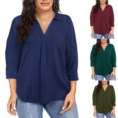 New Chiffon Blouse, Plus Size Loose V-Neck 3/4 Sleeve Casual Top for Women, European & American Style
