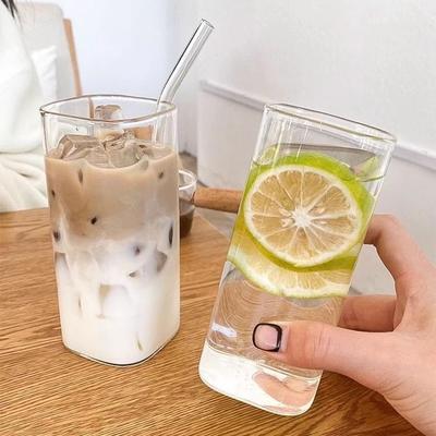 INS Glas Vattenkopp Fyrkantig Värmebeständig Kaffemugg Med Lock Sugrör Klar Mjölkglaskopp Bubble Tea-koppar Bar Juice Dryckesvaror