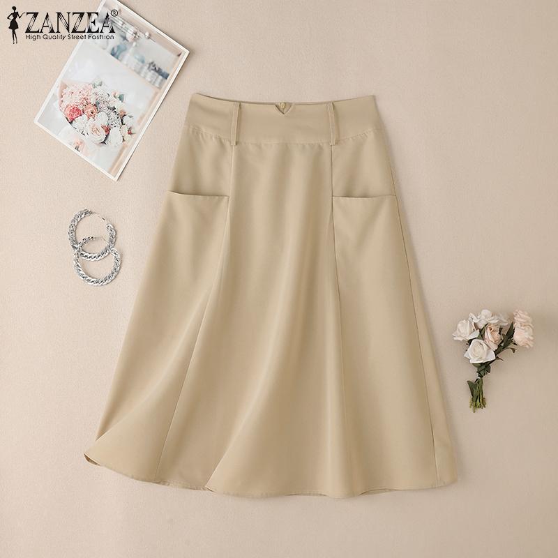 ZANZEA Fuste Midi Casual de Vară pentru Femei, Culoare Solidă