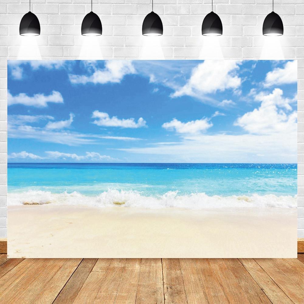 Background Photo with Beach Waves and Sunset, Summer Vacation, Ocean, Beach, Blue Sky, White Cloud, Sand, Photo Shoot