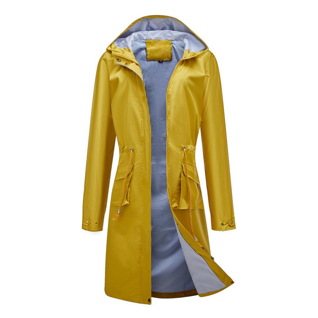 Long Informal Trench Coat Women's Anti-splashing Hooded Solid Color Top Striped Lining Straight Jacket