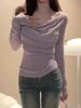 Korea Chic Riemen Plissiert Slim Tops Damen 2024 Sexy U-Boot-Ausschnitt Causal Uni Pullover Elegant Party Blusen Herbst Winter Neu