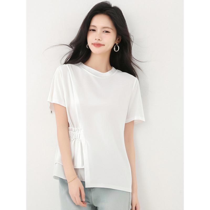 Plus Size Chic Irregular Round Neck White Cotton Short Sleeve T-shirt