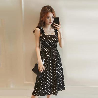 Summer Women Dress Dot Print Sleeveless Elastic Bust Square Neck A-line Big Hem Pleated Mid-calf Length Dating Shopping Midi Dress