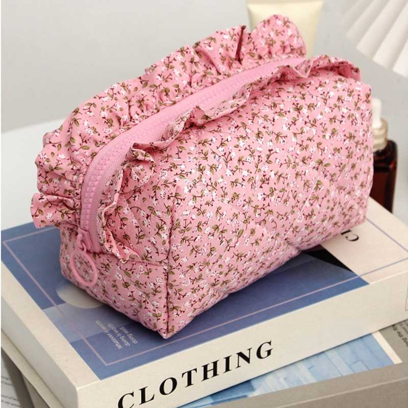 Ruffled Edge Bowknot Floral Print Makeup Bag Large Capacity Quilting Pen Bag Women Cosmetic Storage Bag Travel Wash Bags Clutch