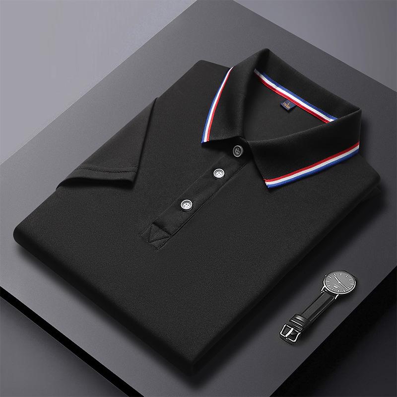 

Men s Summer Black Polo Shirt Short Sleeve Collared Top with Red White Blue Striped Trim S