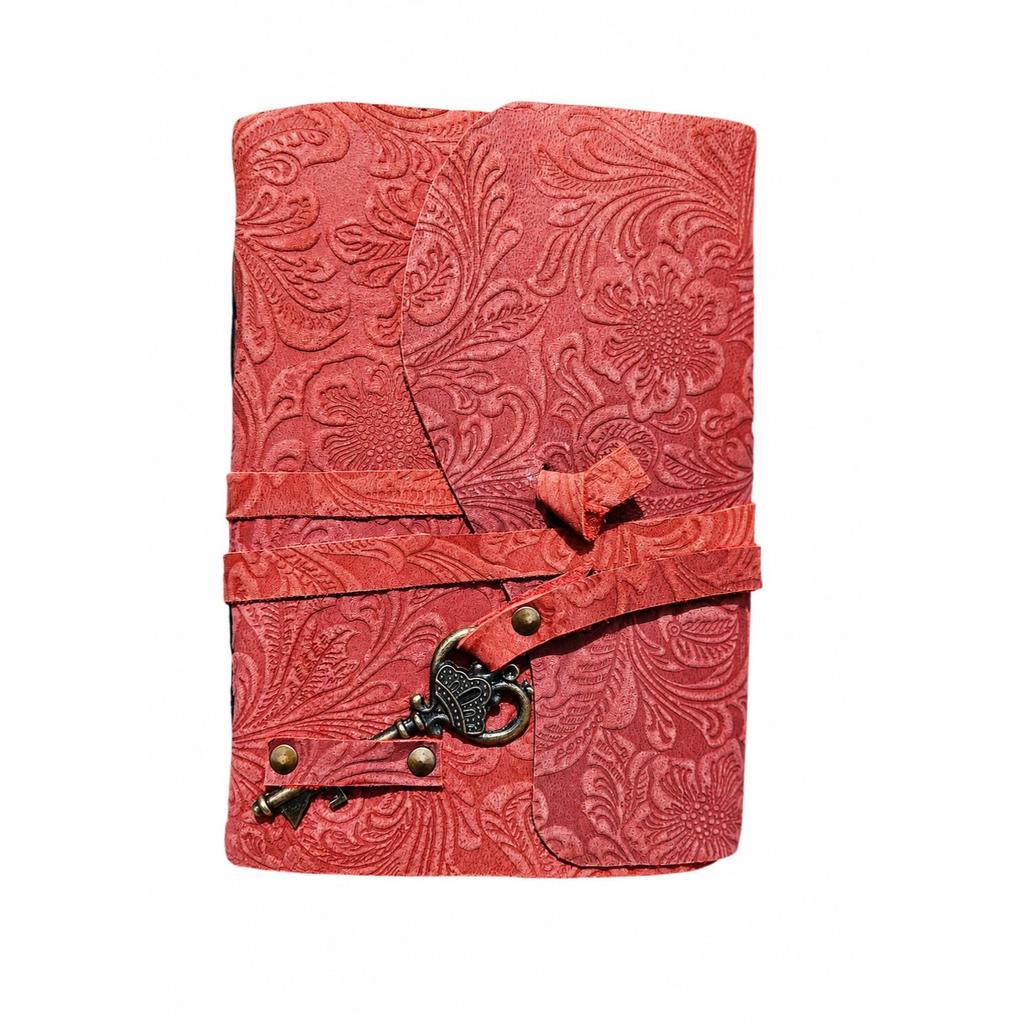 Handmade Embossed Leather Journal with Antique Key – Vintage Writing Diary