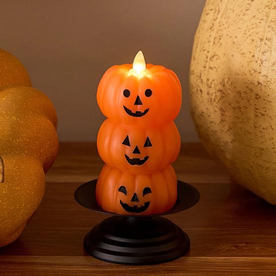 Halloween Flameless Candle Stacked Jack-O'-Lantern LED Candle Light-up Pumpkin Ghost Candle Lamp for Mantel Shelf Dining Table