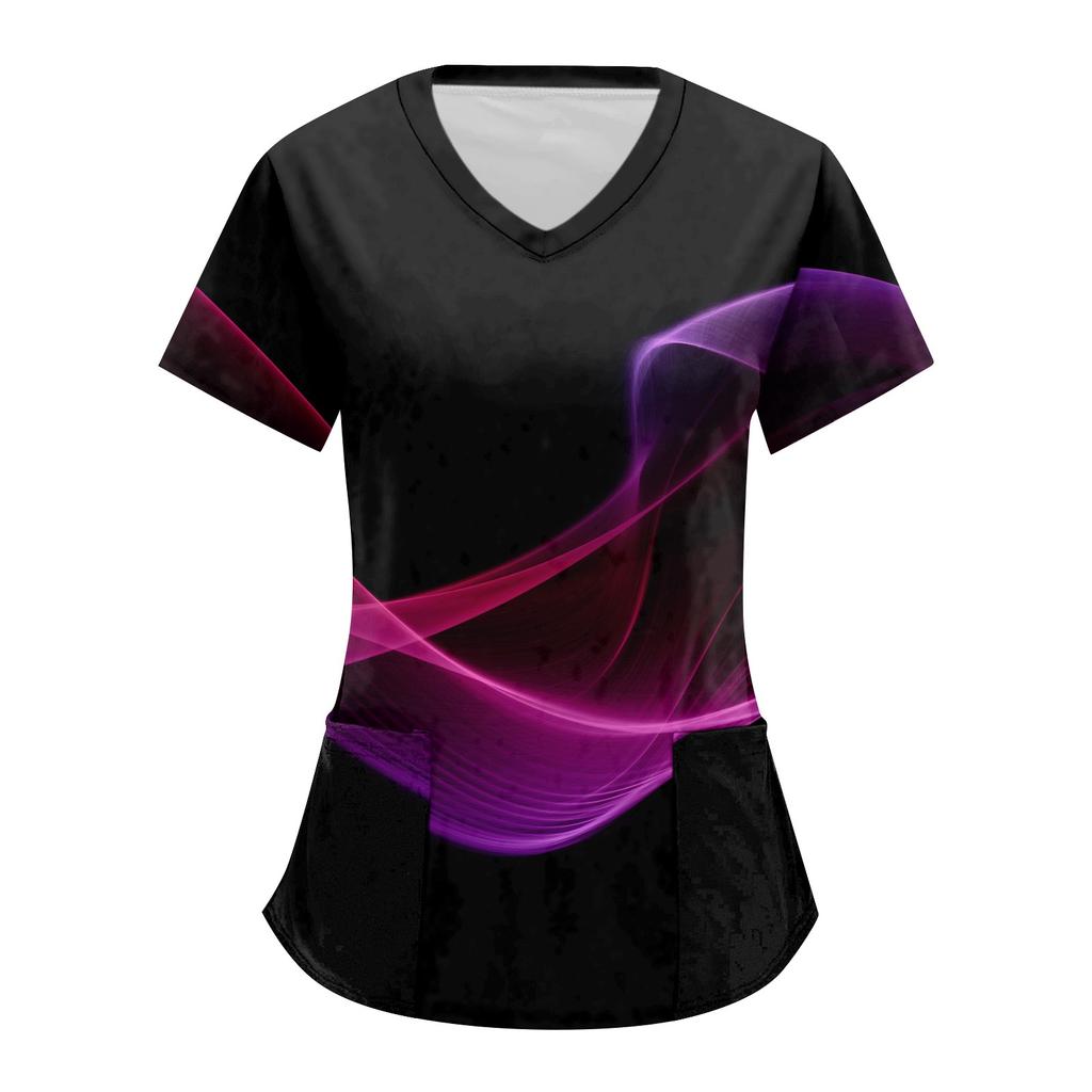 Women's Stripe Geometry Printed Short Sleeve V-neck Tops Working Pocket Blouse