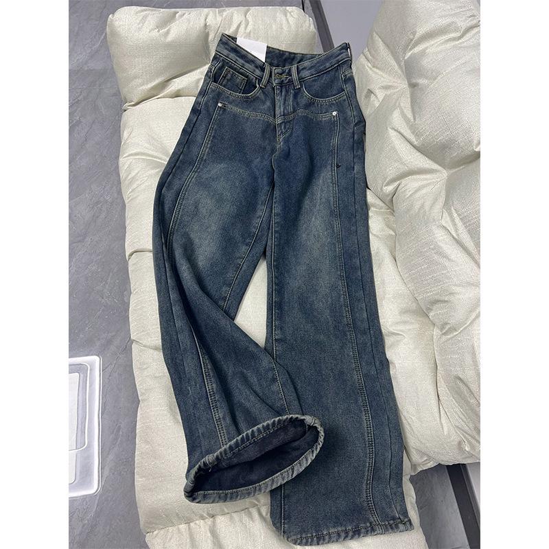 Women's Plus Size Fleece-Lined Wide Leg Jeans, 2024 Winter Loose Straight Fit Slimming Floor-Length Pants