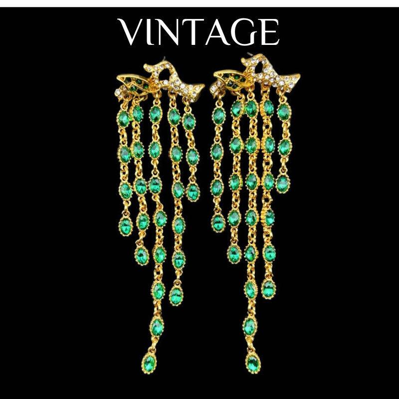 Vintage Heavy Industry Earrings With Full Inlaid Tassels Elegant Sweeping Shoulder Style 925 Silver Needle изумрудный