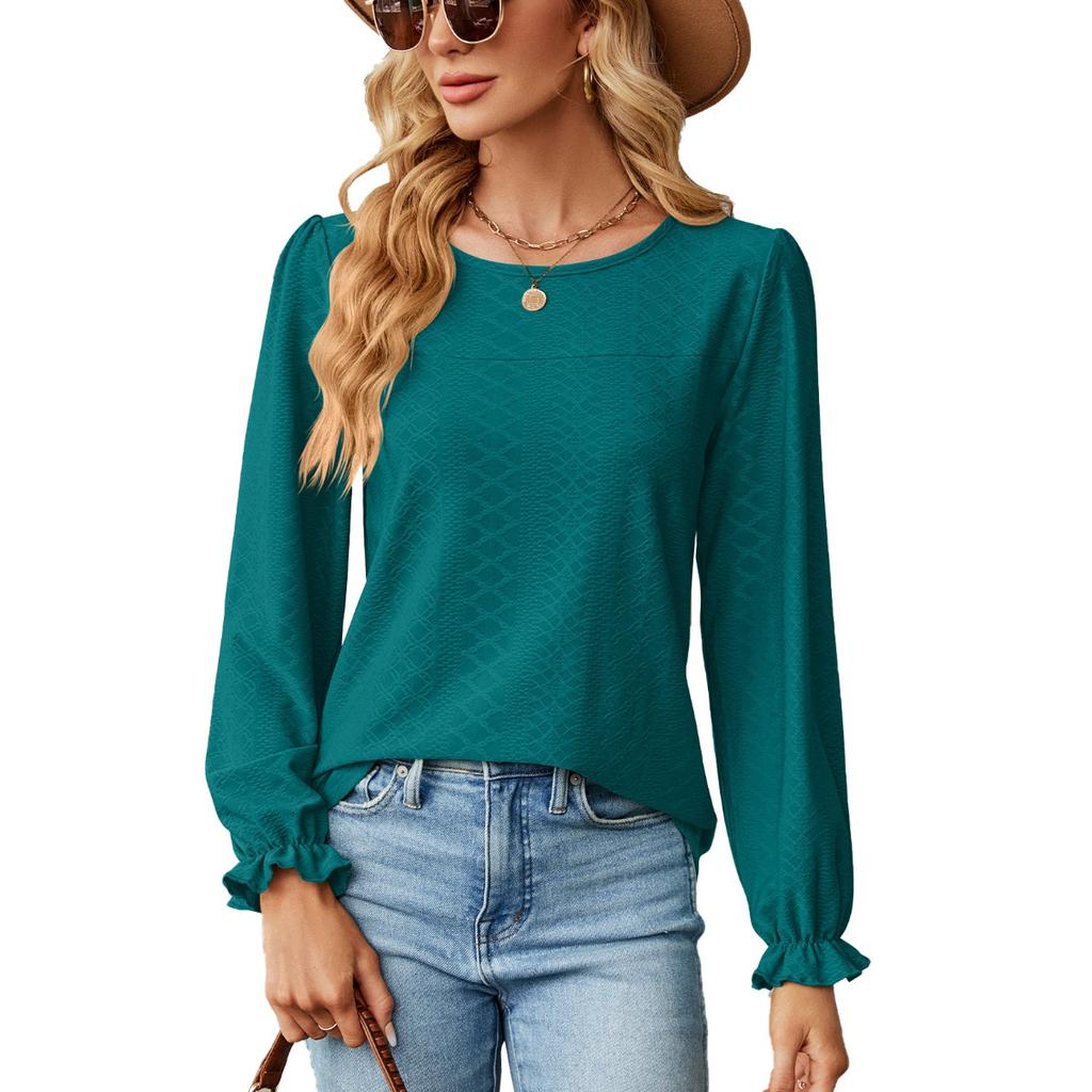Fall Winter Women's Loose Crew Neck Long Sleeve Patchwork T-shirt Top European American Style Cross-border Casual Wear