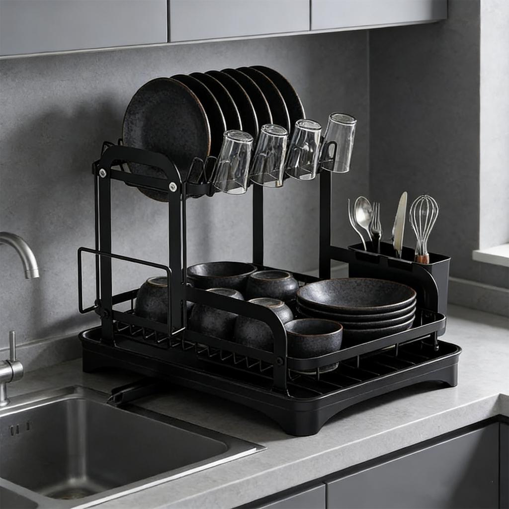 2 Tier Kitchen Countertop Drainer with Utensil Holder and Cup Rack Double Layer Sink Drain Rack for Apartment Kitchen Counter