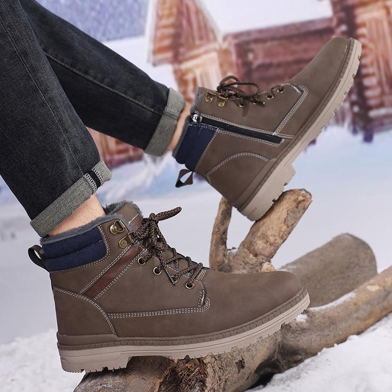 TUINANLE Men Winter Boots Warm Plush High-top Velcro Non-slip Chunky Heel Snow Outdoor Shoes