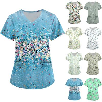 Roupas de trabalho femininas fofas estampadas com decote em V, bolsos de camada dupla, blusa básica de manga curta, pulôver para namorados