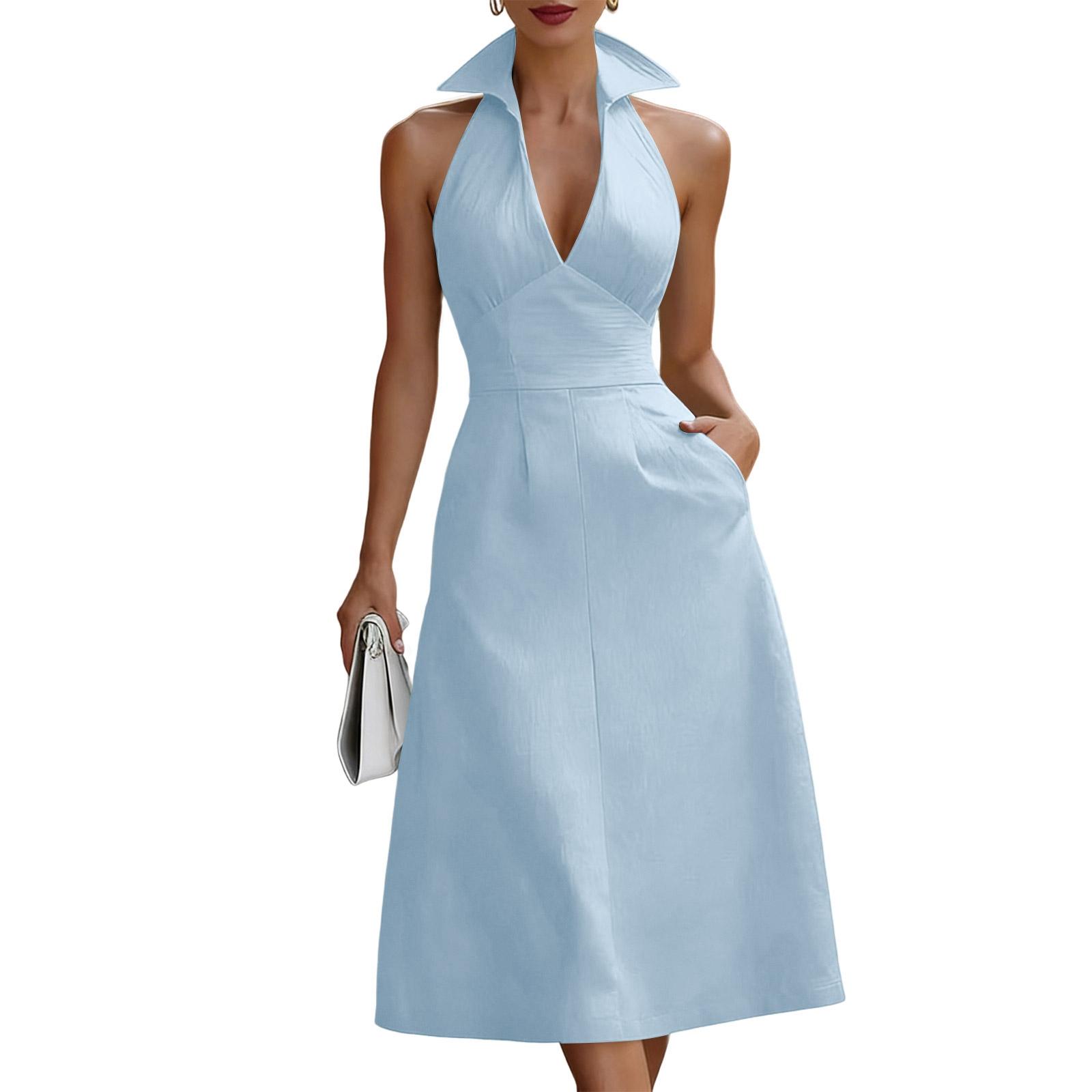 Women s Fashion Vintage V-Neck Sleeveless Casual Dress XXL синий