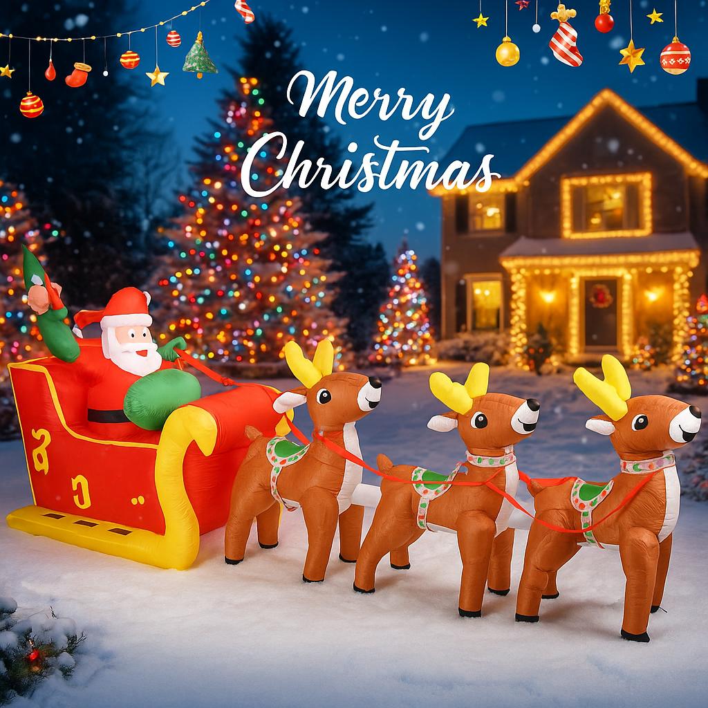 12.14FT Inflatable Toy Santa Sleigh Reindeer LED Lit Xmas Yard Party Decoration Christmas Home Supplies Ornament Festive Gift