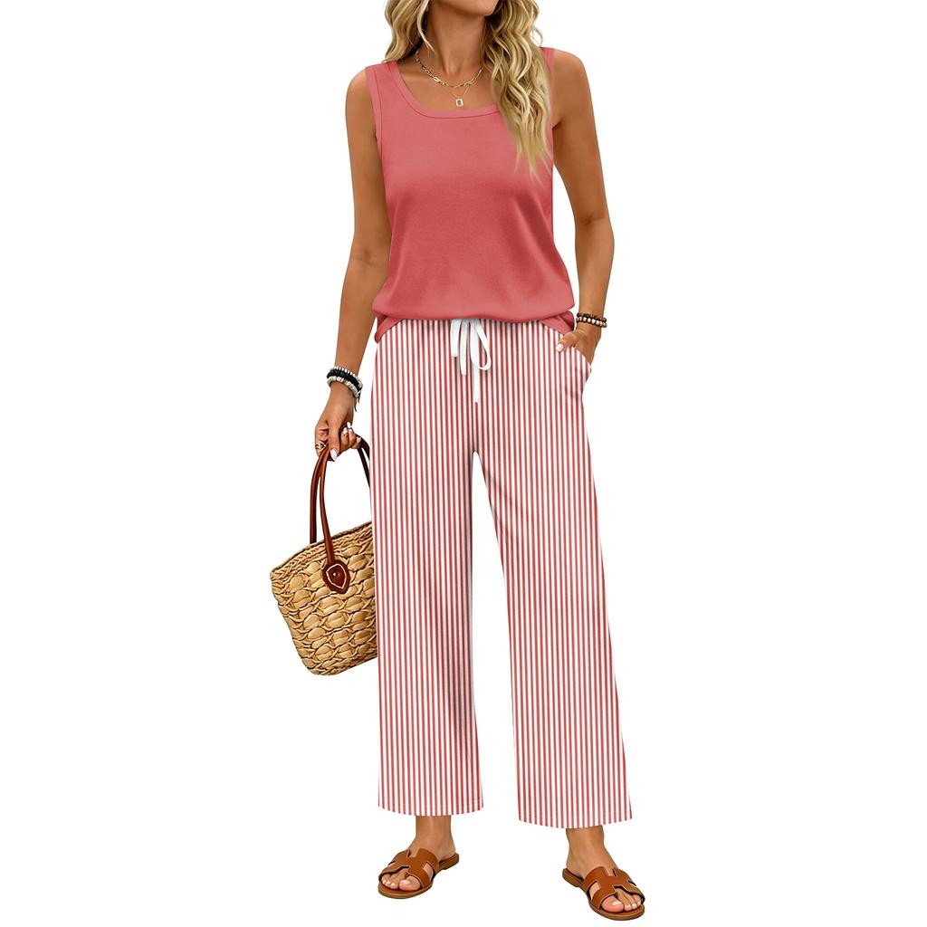 Women Sleeveless Tank Top and Striped Wide Leg Pants Two Piece Set Casual Outfit for Travel Vacation and Home Relaxation