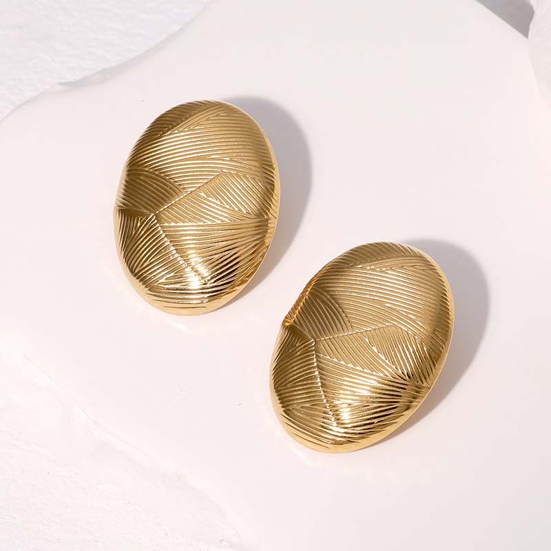 Stainless Steel Geometric Oval Stud Earrings for Women Exaggerated Gold Color Metal Texture Personality Earrings Jewelry Gifts
