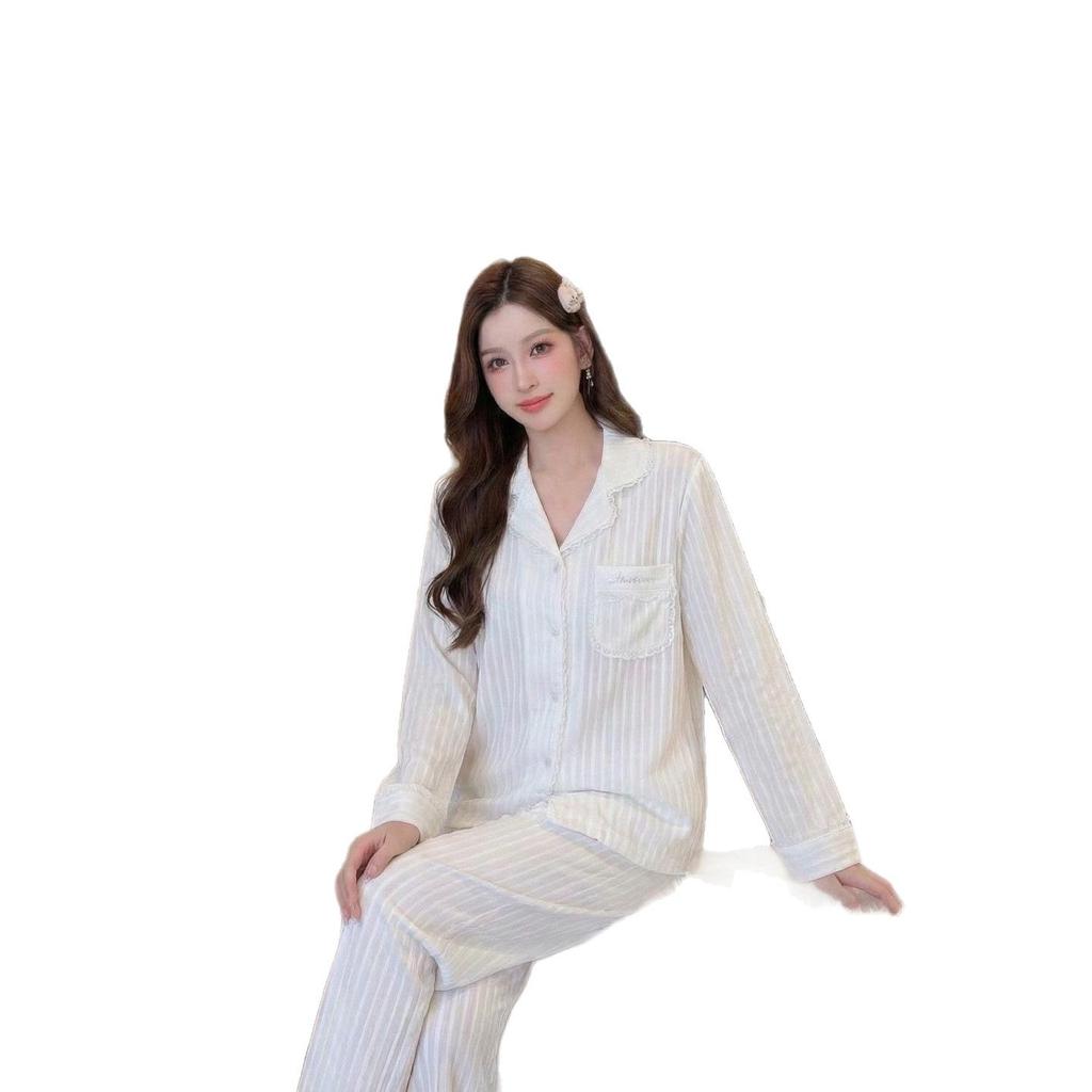 Women's Red Ice Silk Pajamas - Long Sleeve and Pants, Lightweight Casual Homewear for Spring and Summer
