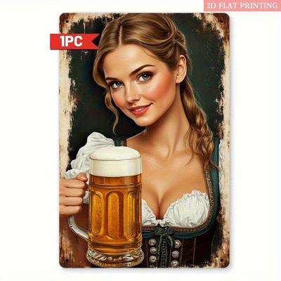 Vintage German Beer Maiden Metal Tin Sign Bavarian Pub Decor with Traditional Braids Beer Mug Retro Oktoberfest Wall Art