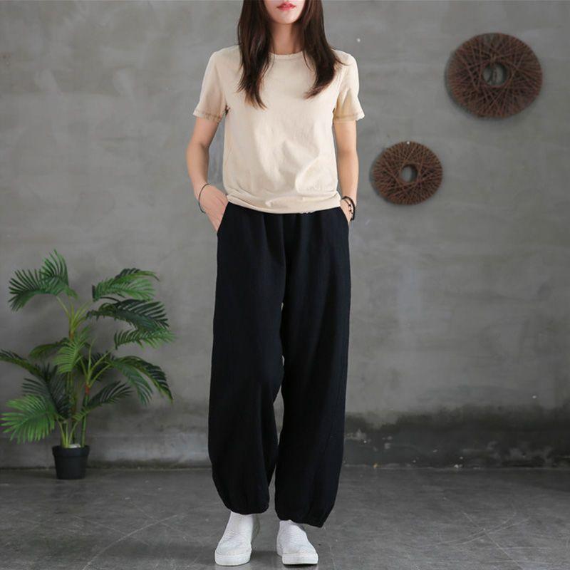 Cotton and Linen Literary Retro Bloomers Women's Spring and Summer Leggings Loose Solid Color All-match Casual Trousers