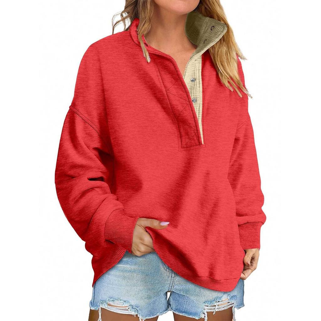 Women's Color Half Zip Pullover Sweatshirt with Button Long Sleeve