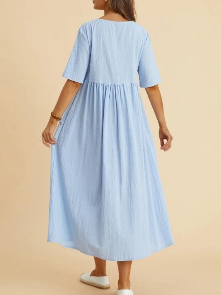 Loose Women Hemp Cotton Dress Medium Length Large Size Round Neck Half Sleeve